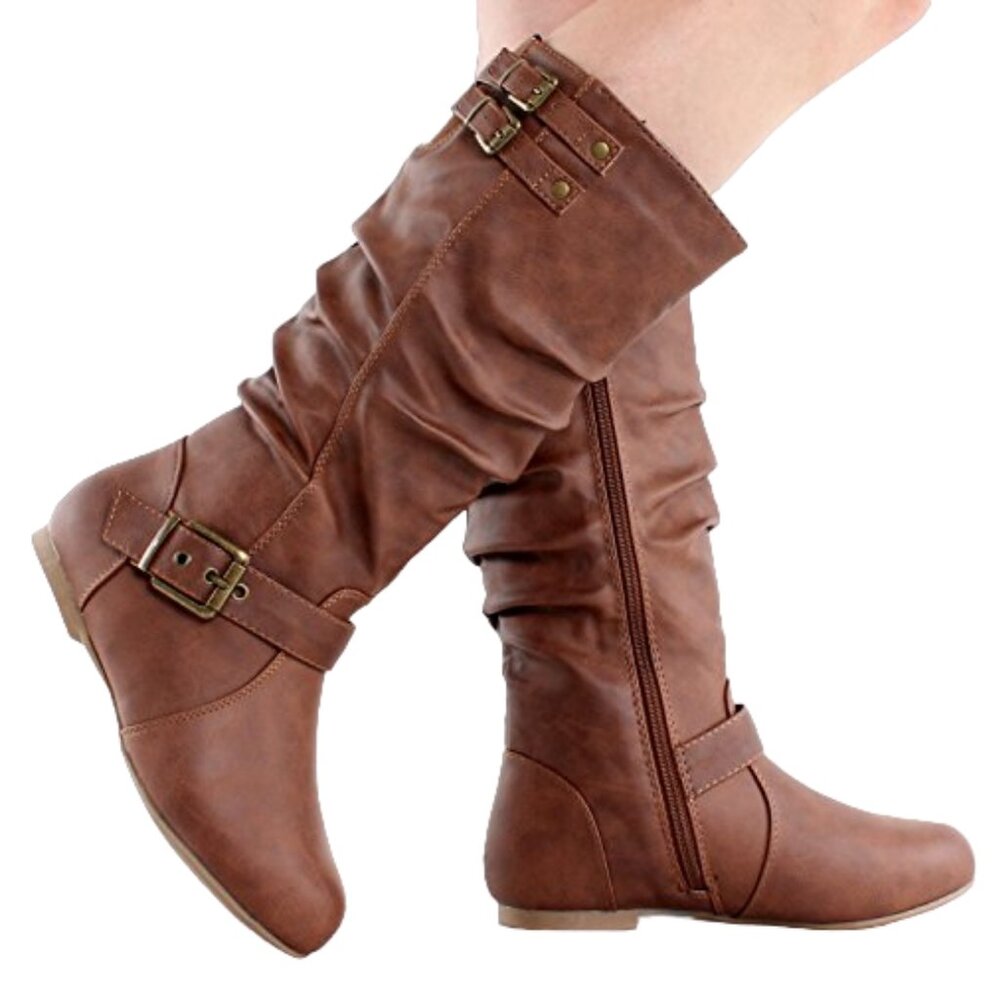 Top Moda Tan Slouch Mid-Calf Boots – Round Toe Buckle Detail Flat Heel Casual